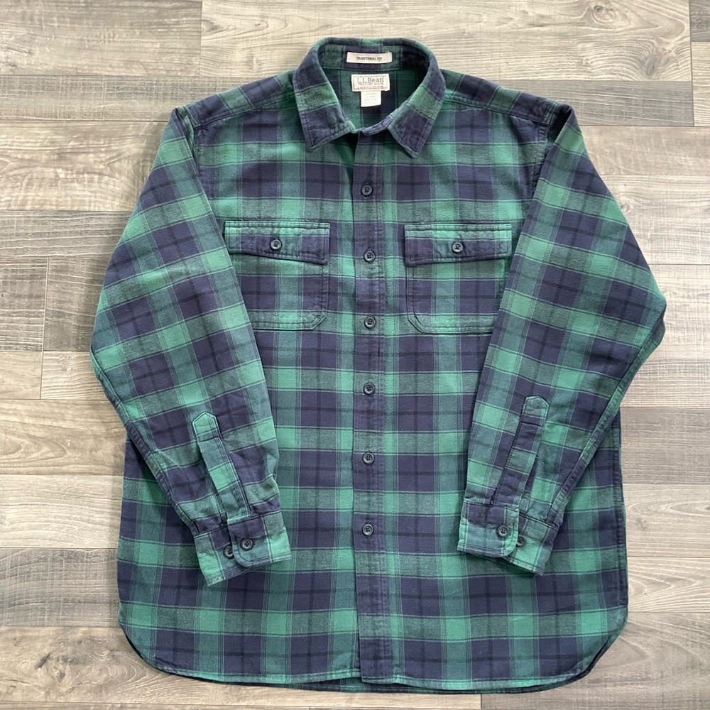 LL Bean Chamois Cloth Shirt Men’s Size LARGE Green Blue Plaid Button Up 277981
